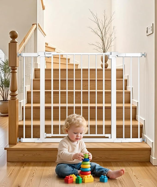 Baby Gate for Stairs, 30'' Tall 29.5-46" Extra Wide Dog Gate for Stairs Walk Thru Auto Close Metal Pet Gate for The House, Stairs and Doorways Child Gate Pressure Mounted Safety Gate Indoor - White-CubbioJoy