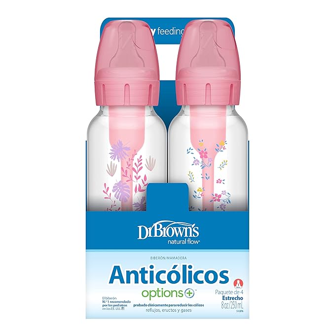 Dr. Brown's Natural Flow Anti-Colic Options+ Narrow Baby Bottle, Pink Floral, 8 oz/250 mL, with Level 1 Slow Flow Nipples, 0m+, 4 Pack-CubbioJoy