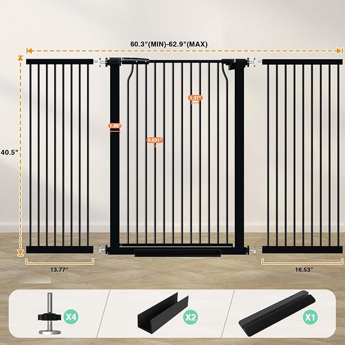 40.5" Extra Tall Baby Gate for Stairs, 60.3"-62.9" Extra Wide Pet Gates, Dog Gates Puppy Barrier Indoor, No Drill Tension Safety Gate Auto Close for Stairs Walk Thru Kid or Pet Black-CubbioJoy