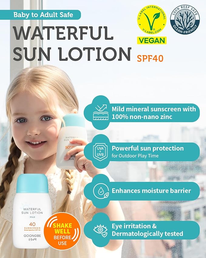Baby Kids Waterful Sun Lotion SPF 40 & Mild Soothing Gel - Zinc Oxide Mineral Sunscreen & After Sun Relief - Korean Skincare for Sensitive Skin - Vegan Hypoallergenic, 2.82oz & 5.07oz-CubbioJoy