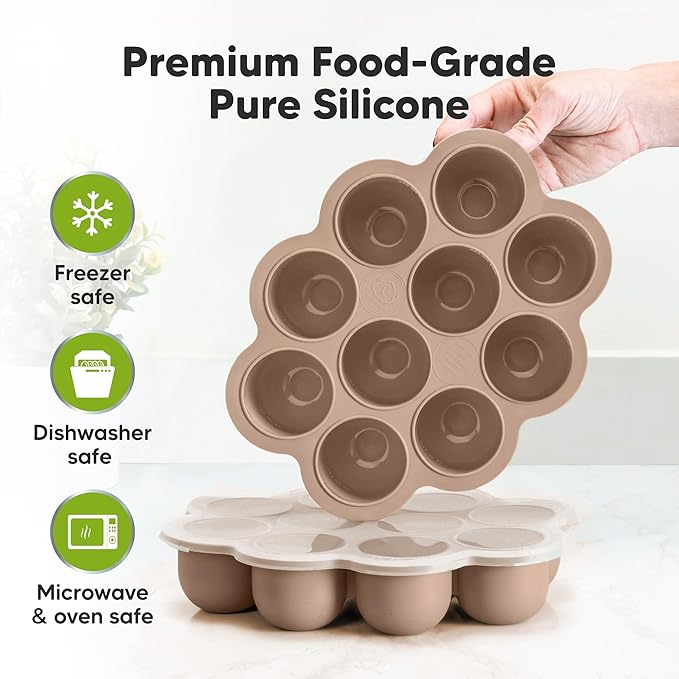 KeaBabies Silicone Food Freezer Trays with Lid, 2oz x 10 Pods Baby Food Storage Containers, Easy Puree Meal Prep, Breast Milk Silicone Freezer Molds, Dishwasher, Microwave Safe,BPA-Free(Chai Latte)-CubbioJoy