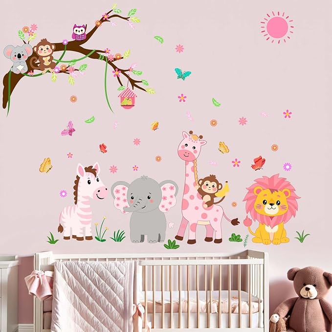 Animals Wall Decals for Girls Kids: Peel and Stick Elephant Giraffe Lion Monkey Wall Stickers - Baby Nursery Boys Room Girls Bedroom - Children Supplies Ages 1-12 Years Wall Decor Art-CubbioJoy