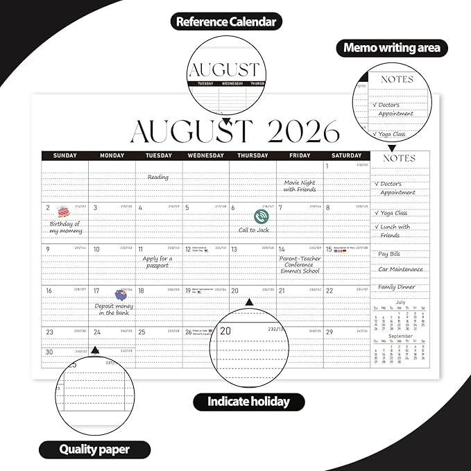 Desk Calendar 2025-2026, Monthly Desktop Large Calendar Runs Until December 2026 17" x 12" Desk Wall Planner for Family Office Teacher School, Black-White-CubbioJoy