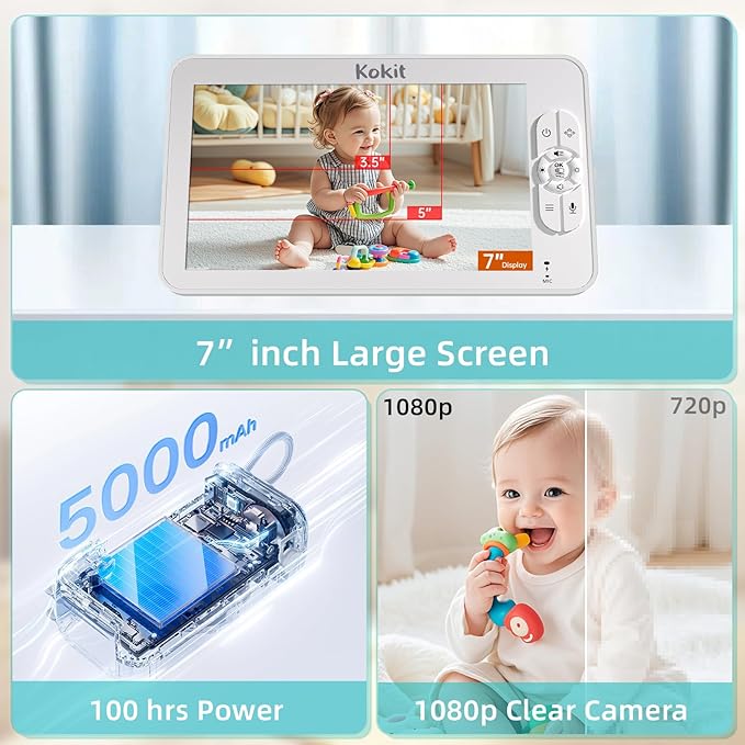 7" 1080P Full HD Split-Screen Baby Monitor,100 Hrs 5000mAh Battery Runs 4 Days with Flexible Bracket,No WiFi Baby Monitor with 2 FHD Cameras Hack-Proof,4X Zoom,2-Way Talk,Temp Alert/Lullabies/VOX-CubbioJoy