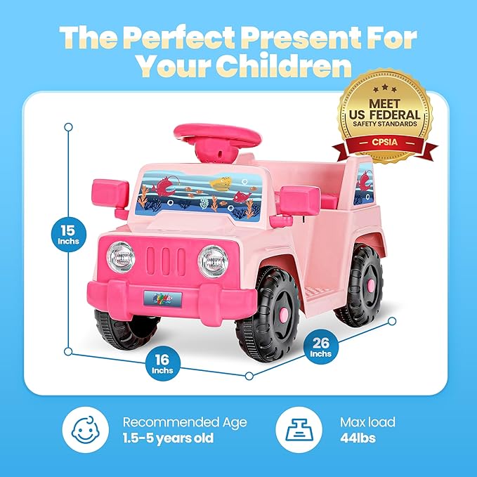 6V Toddler Ride On Car Interactive Electric Car with Horn LED Front Light Rear Storage Ocean Theme Perfect for Boys & Girls 18+ Months Safe Fun and Exciting for Little Explorers(Pink Ocean)-CubbioJoy