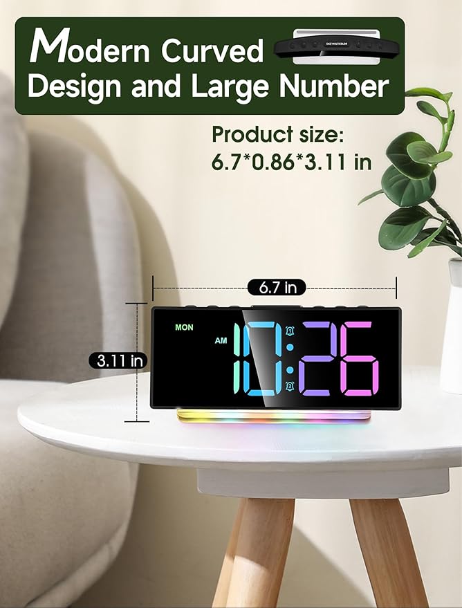 Cadmos Extra Loud Alarm Clock for Heavy Sleepers Adults,Teens,Kids,Rainbow Clock for Bedrooms,Small Bedside Digital Clock with Large Display,7 Color Night Light,12/24h(Black+Dynamic)-CubbioJoy