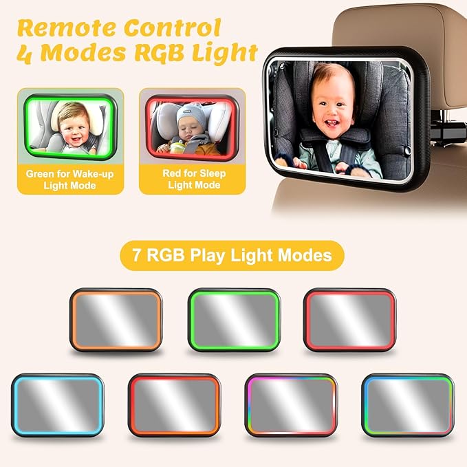 Baby Car Mirror with Light, 7 RGB Light Rear Facing Baby Car Seat Mirror with Remote Control Rechargeable 360° Rotation Hook Clip Design Wide View Shatterproof-CubbioJoy