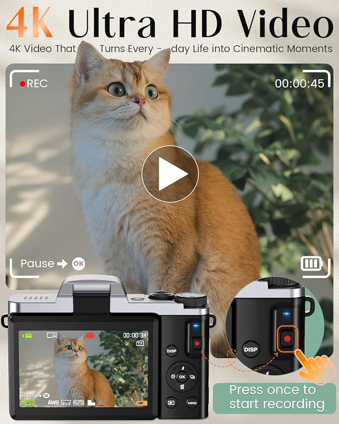 4K Digital Camera for Photography with WiFi,64MP Autofocus Vlogging Camera for YouTube,3'' 180° Flip Screen Compact Travel Camera for Teens with 32GB SD Card,16X Zoom,Anti-Shake,2 Batteries(Charcoal)-CubbioJoy
