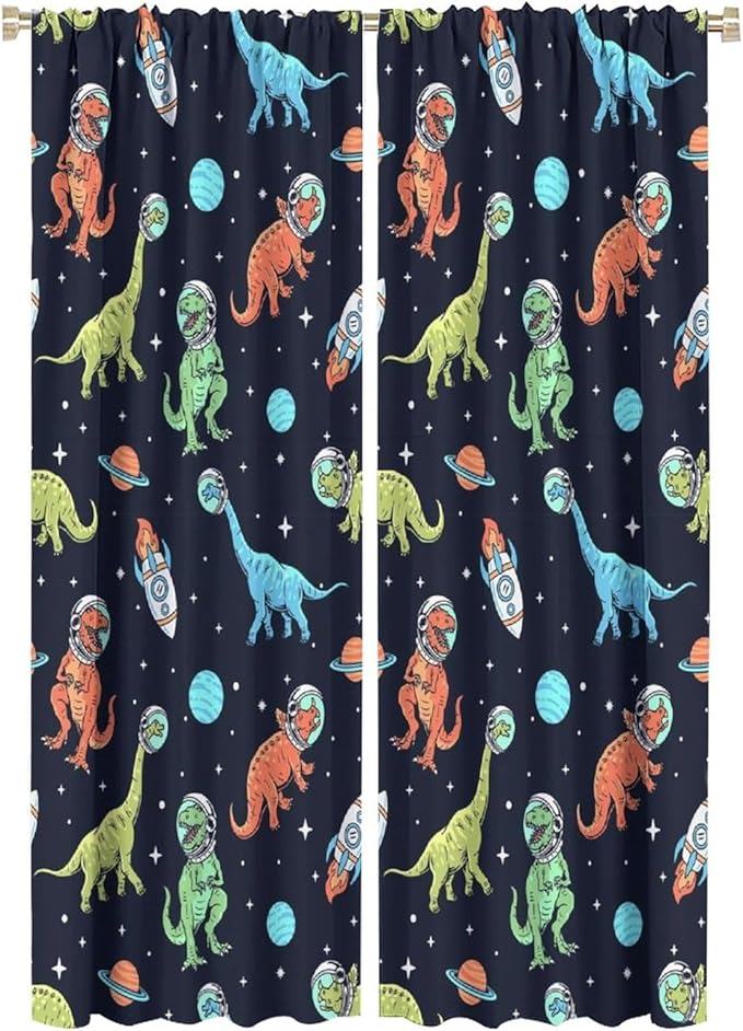 Cartoon Dinosaur Curtains for Kids Boys Girls Home Decor, Astronaut Rocket Funny Outer Space Blackout Rod Pocket Window Drapes for Bedroom Living Room W21xL63in 2 Panels-CubbioJoy