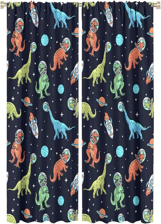 Cartoon Dinosaur Curtains for Kids Boys Girls Home Decor, Astronaut Rocket Funny Outer Space Blackout Rod Pocket Window Drapes for Bedroom Living Room W21xL63in 2 Panels-CubbioJoy