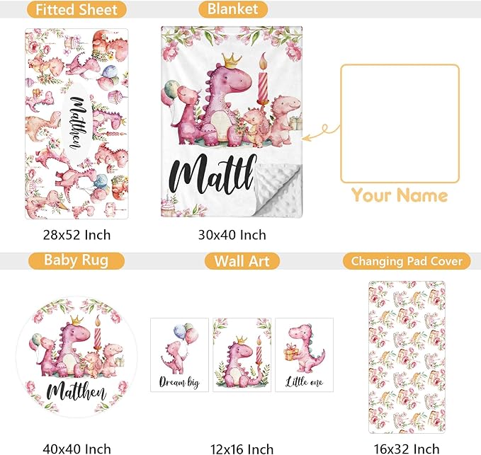 Custom Baby Crib Bedding Set - 5 Pcs Personalized Name Pink Dinosaurs Crib Set for Infants Toddlers Girls - Soft Double Layer Nursery Bedding Set - Customized Present for Birthday Baby Shower-CubbioJoy