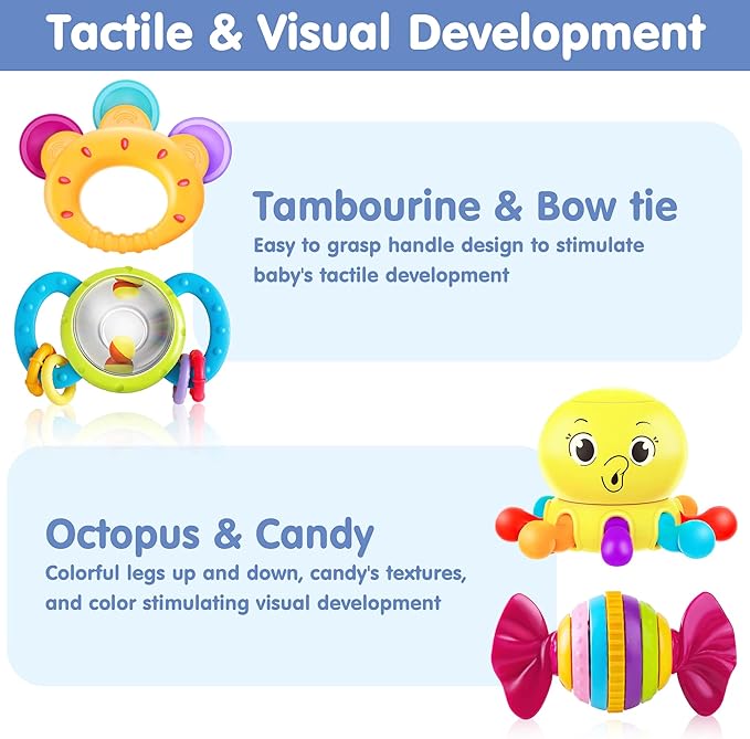 iPlay, iLearn 10pcs Baby Rattles Toys Set, Infant Grab Shake Rattle, Easy Hold Sensory Teether, Babies Development Learning Music Toy, Newborn Shower Birthday Gift 1 2 3 4 5 6 7 9 10 12 Month Boy Girl-CubbioJoy