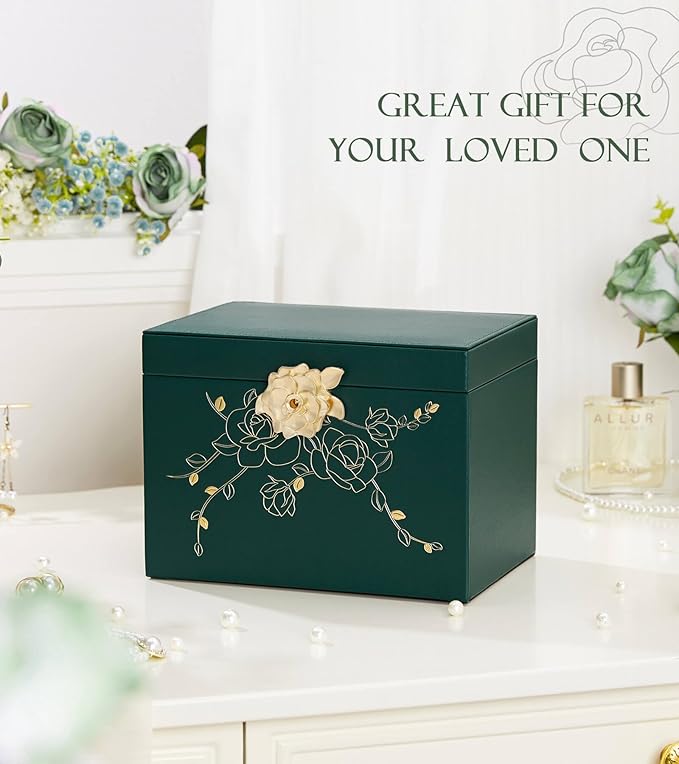 Jewelry Box with Lock for Girls: Jewelry Organizer for Dresser - 3-Drawer Earrings Storage Girls Women Gift (Dark Green)-CubbioJoy