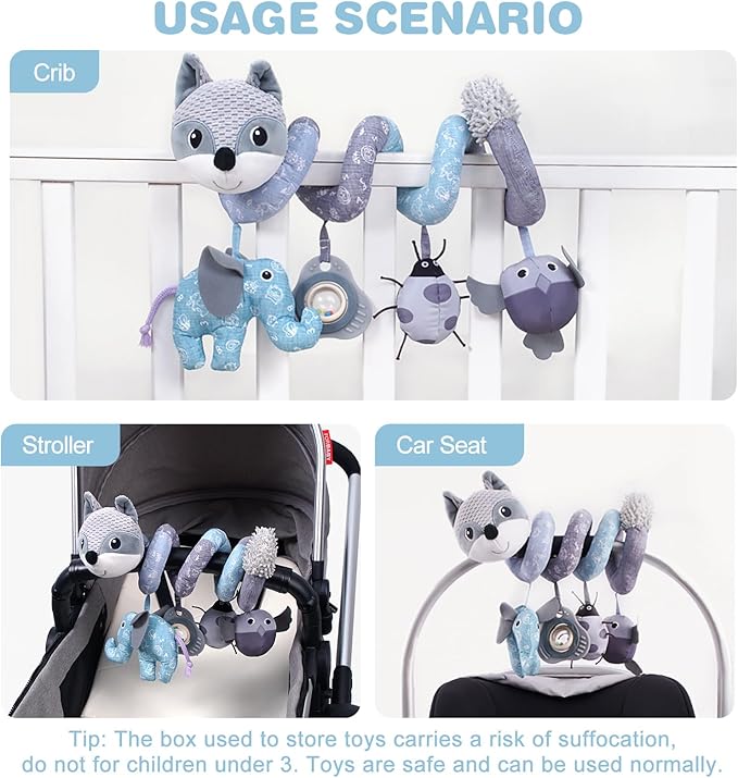 Jollybaby Baby Car Seat Stroller Toys, Plush Activity Hanging Spiral Activity Pram Crib with Music Box, Rattles, Squeaker for Babies Infant Boys Girls(Grey Fox)-CubbioJoy