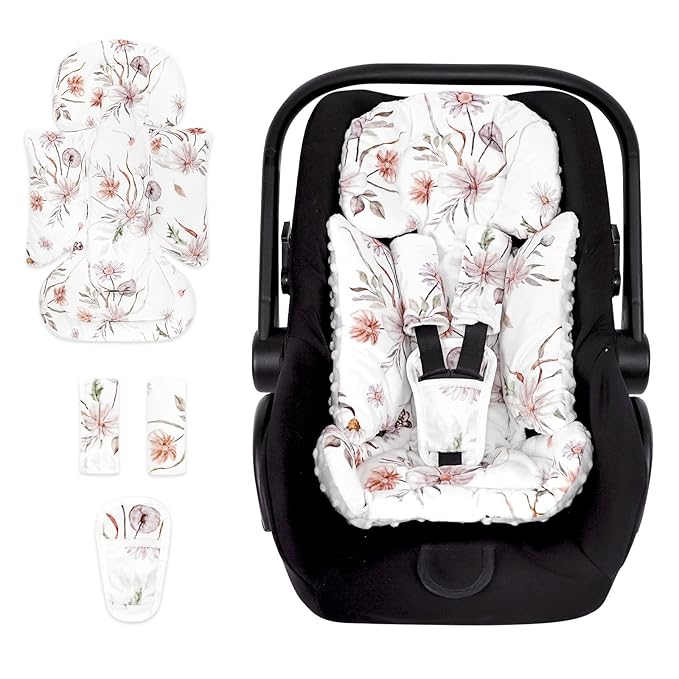 Infant Car Seat Insert and Strap Covers, Very Soft Car Seat Head Support Baby Girl Boy, Reversible Newborn Carseat Insert Cushion Fits for Stroller, Baby Swing, Bouncer (White Flower)-CubbioJoy