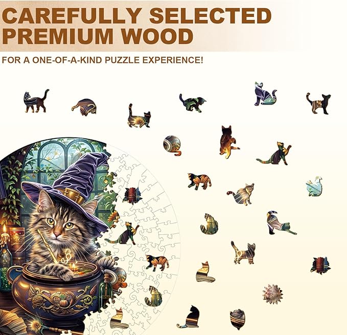 KAAYEE Wooden Puzzles for Adults, 3D Visual Effect Magic Feline Cat Wooden Jigsaw Puzzle Unique Shape Wood Puzzle Adult, 3D Effect Flat Puzzle Birthday Family Game (M-11.4 * 11.4 in-200pcs)-CubbioJoy