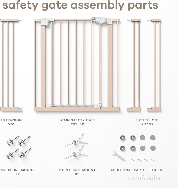 Comfy Cubs Baby Safety Gate with 3 Extensions - Adjustable 42" x 1.9" x 30" Q195 Steel Doorway Barrier - Powder-Coated Finish for Stairs and Doorways - Walk-Through Design Pet Gate - Blush-CubbioJoy