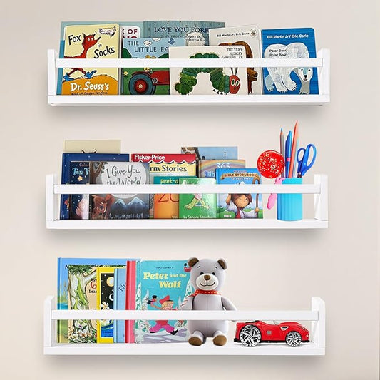AZSKY Nursery Bookshelves White, 24 Inch Floating Bookshelves for Wall Set of 3, Baby Kids Decor, Solid Wood Wall Mounted Shelves for Books, Toys and Decor Storage-CubbioJoy