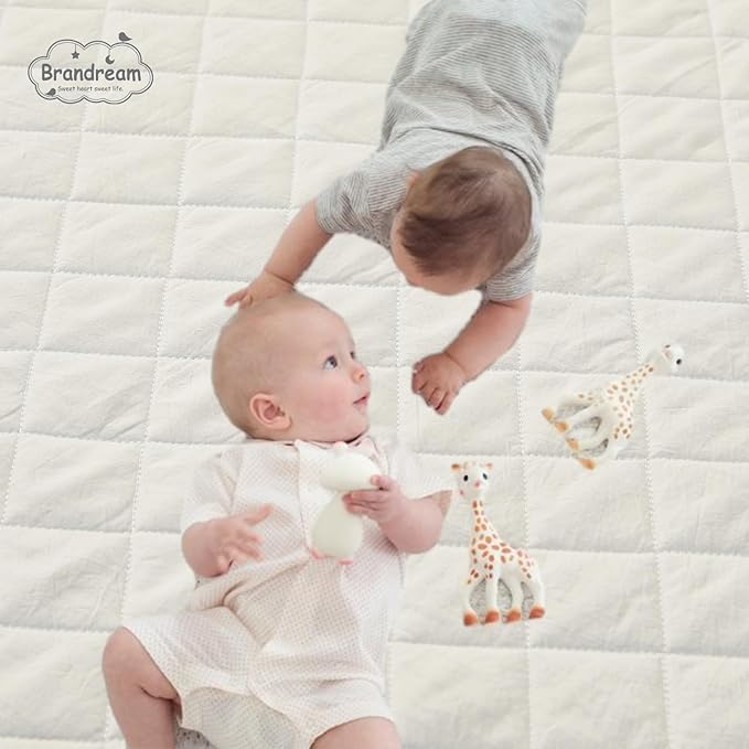 Brandream White Crib Bedding Set 3 Pieces Baby Nursery Collection - Quilt,Crib Sheet,Dust Ruffle-100% Washed Cotton Like Linen Supersoft Classic Quilted Plaid Off White Cream-CubbioJoy