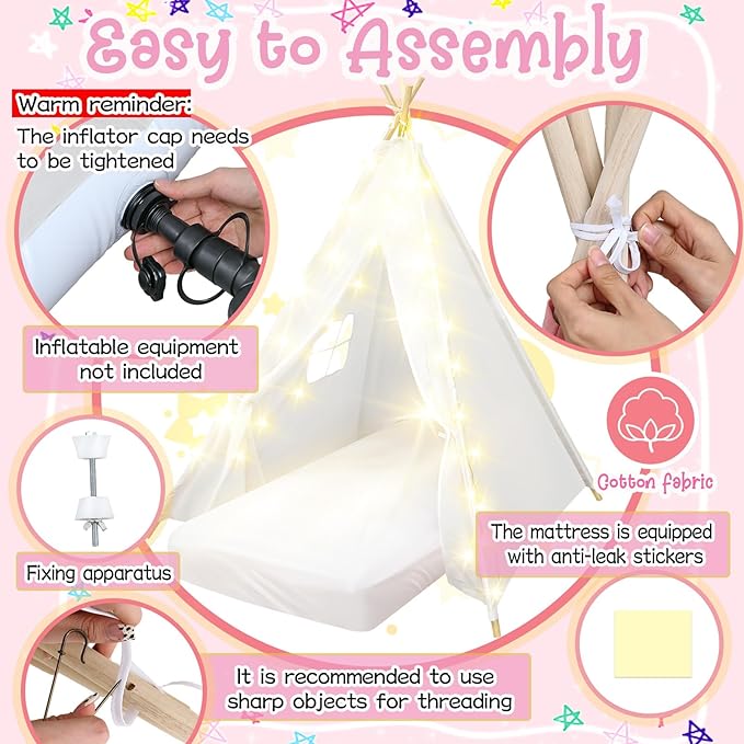 8 Pack Sleepover Tent for Girls Party,Teepee Tent for Kids Slumber Party Bulk with Light String,Air Mattress,Fitted Sheet,Washable Natural Cotton Toddler Teepee Indoor Outdoor(White)-CubbioJoy