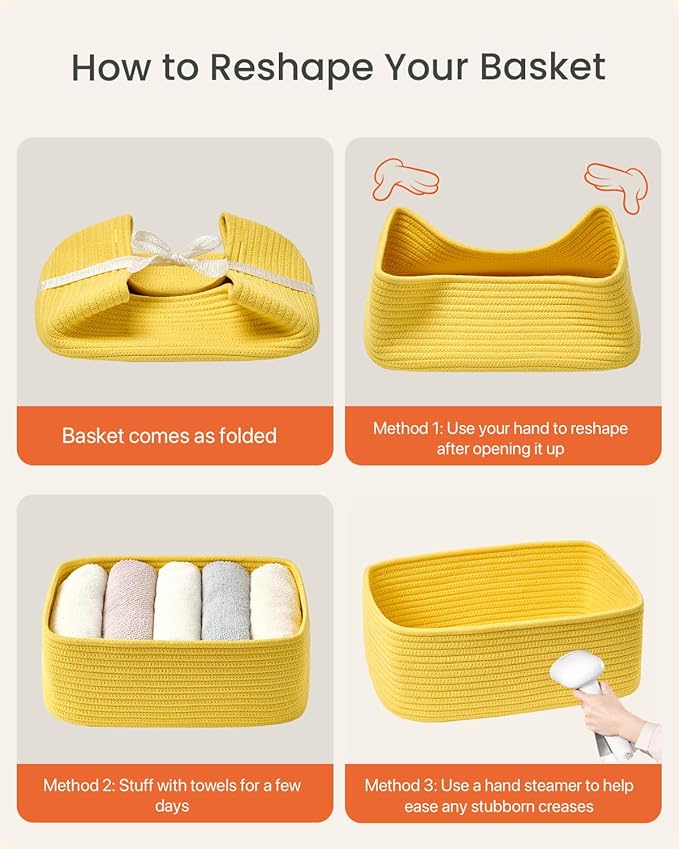 KALLAX Small Woven Basket, 13.5 x 9.5 x 5 Inches, Storage Basket for Organizing, Cute Small Rope Shelf Closet Cube Storage Bins Baskets for Shelves, Dog Toy Gift Baskets Empty, 3 Pack Yellow-CubbioJoy