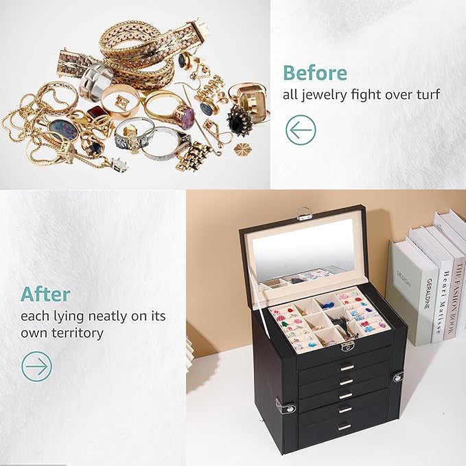BOOVO Jewelry Box For women, 6 Layer Large Jewelry Organizer With Mirror, Multi-Function Storage Box With Lock, Accessory Holder With 5 Drawers, For Earrings Necklace Ring Bracelet (Black)-CubbioJoy