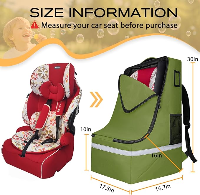 Car Seat Travel Bag for Airplane,Infant Seat Travel Bag with Shoulder Strap,Padded Car Seats Backpack with Reflective Stripes,Large Carseat Carrier Bag Travel Car Seat Cover,Green-CubbioJoy