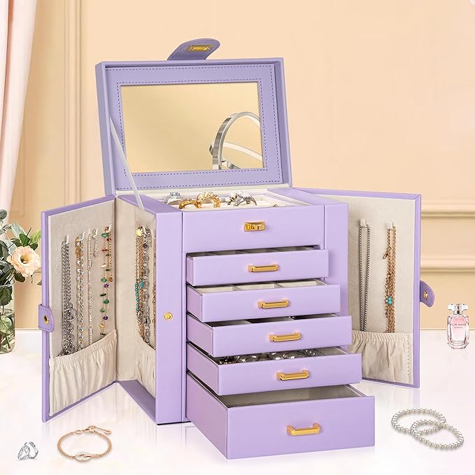 AKOZLIN Jewelry Box Organizer Functional Leather Jewelry Storage Case for Women Girls Ring Necklace Earring Bracelet Holder Organizer with Mirror Purple-CubbioJoy