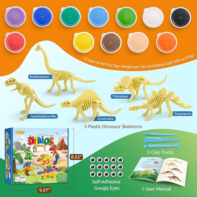 Drama Planet Dinosaur Air Dry Clay Kit – Create 5 Dinosaur Models with 12 Colors of Modeling Clay, Instruction Guide – Fun & Educational Craft Set for Kids-CubbioJoy