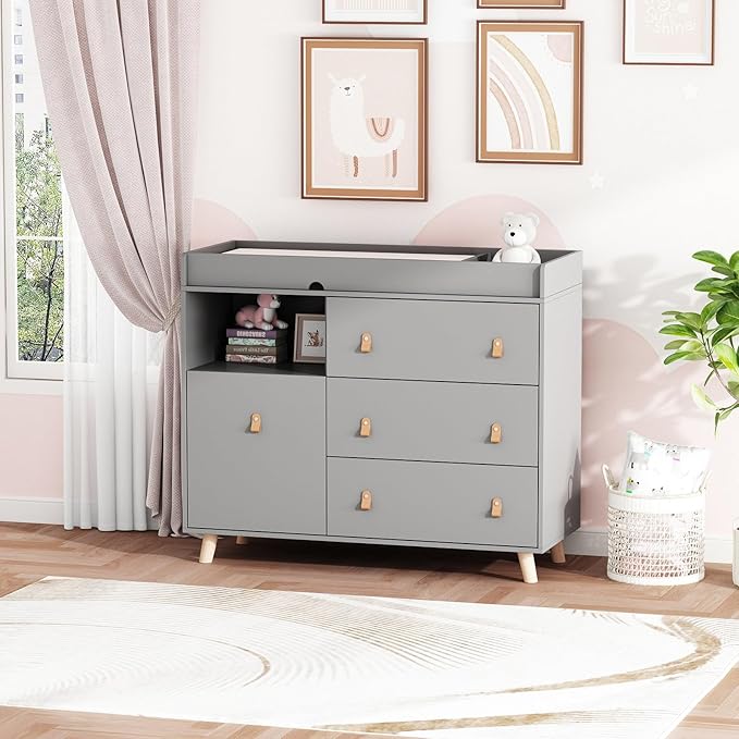 Baby Dresser Changing Table with Drawers,Shelf,Hidden Laundry Basket Storage,2 in 1 Nursery Dresser Chest for Infants, Baby Diaper Changing Station for Daycare,Bedroom,Grey-CubbioJoy