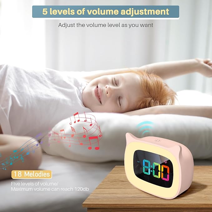 Cute Cat Ear Alarm Clock with RGB 7 Color Night Light & 18 Ringtones,Rechargeable Clock for Kids Bedroom,LED Colorful Digital Display,Bedside Clock for Boys,Girls Birthday Presents(Pink)-CubbioJoy