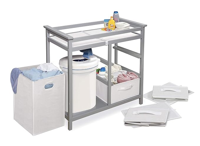 Badger Basket Modern Baby Changing Table - Portable Diaper Station with 3 Drawers Pad & Hamper - Storage Organizer for Baby Diapers & Toys - Gray/White-CubbioJoy