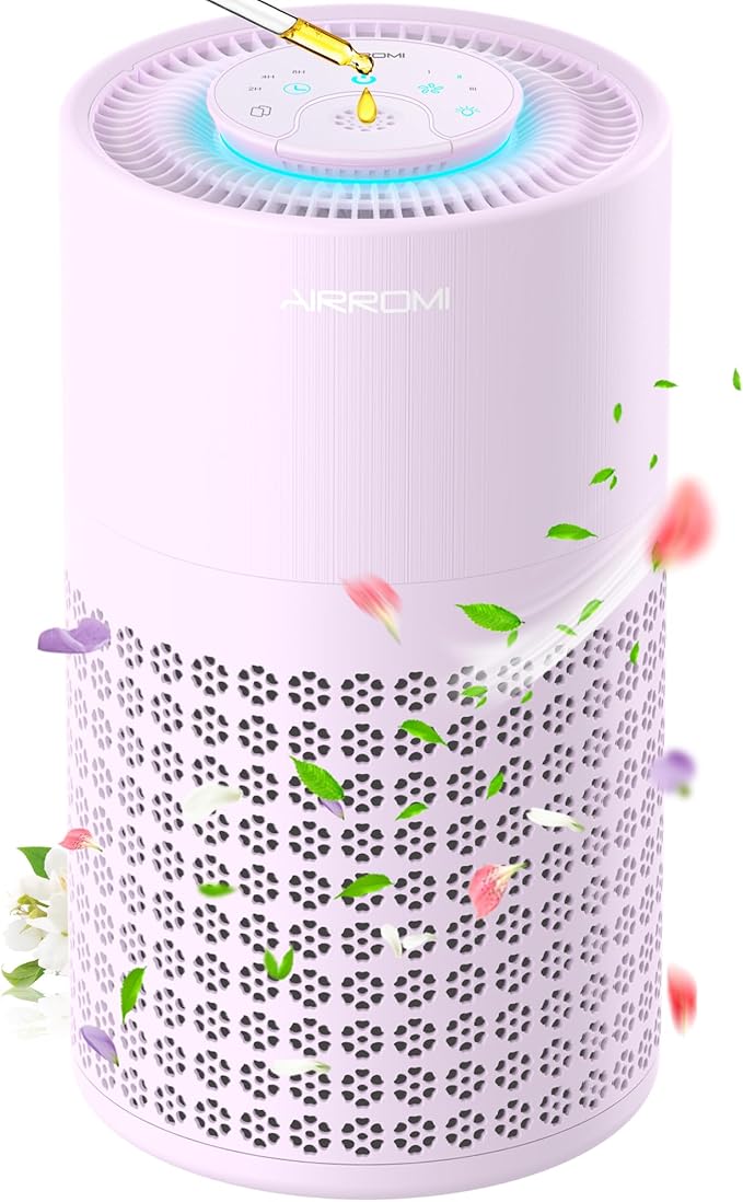 AIRROMI Air Purifier for Bedroom with HEPA 3-in-1 Filter, Pet Air Purifier for Home Cat Pee Smell, Covers Upto 990 Ft², Quiet 360°intake Air Cleaner for Pet Hair,Allergies,Pollen,Smoke A2001 Purple-CubbioJoy