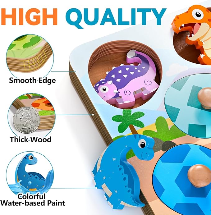 Dinosaur Wooden Puzzles for Toddlers 1-3, Montessori Toys for 1 2 Year Old Boy Birthday Gifts, Dinosaur Matching Eggs Peg Puzzles for Toddlers Age 2-4, Preschool Learning Activities for Girls-CubbioJoy