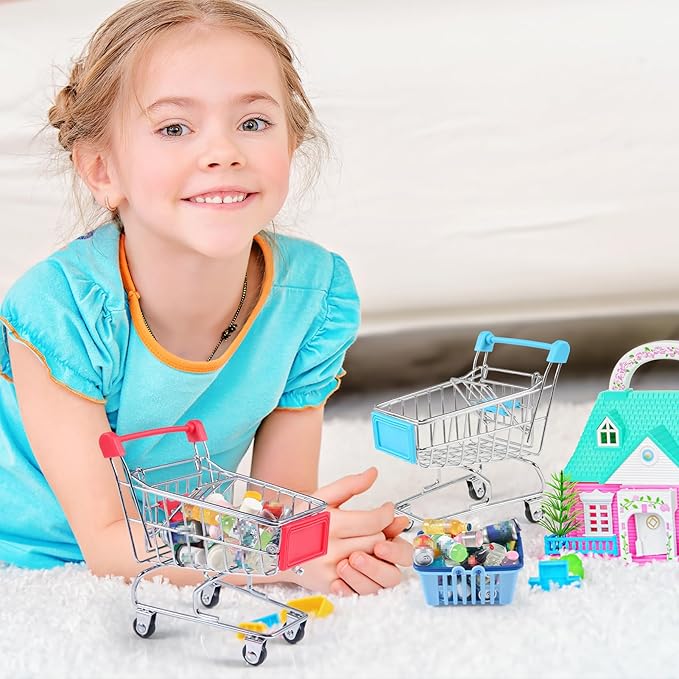 134pcs Mini Shopping Cart Basket Miniature Food Drink Bottle Supermarket Metal Handcart Toys Doll House Store Cosplay Game Dollhouse Grocery Fruit Cake Bread Party Trolley Model Dollar Bills-CubbioJoy