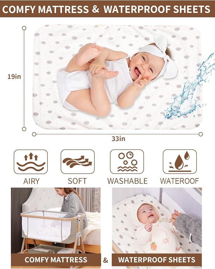 Baby Bassinet, Bassinet Bedside Sleeper with Waterproof Bassinet Sheets and Soft Mattress, Safe Adjustable Height Bedside Bassinets with Wheels, Girl/Boy Bassinets, Khaki-CubbioJoy