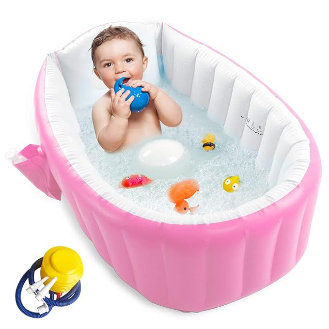 Inflatable Baby Bathtub, Portable Infant Toddler Bathing Tub Non Slip Travel Bathtub Mini Air Swimming Pool Kids Thick Foldable Shower Basin with Air Pump, Pink-CubbioJoy