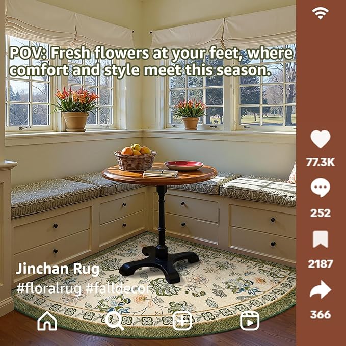 jinchan Floral Corner Rug for Kitchen Washable Nursery Rug Vintage Romance Design Non Slip Quarter Circle Lightweight Low-Pile Throw Carpet for Playroom Reading Nook Office, 5ft Radius, Green/Beige-CubbioJoy