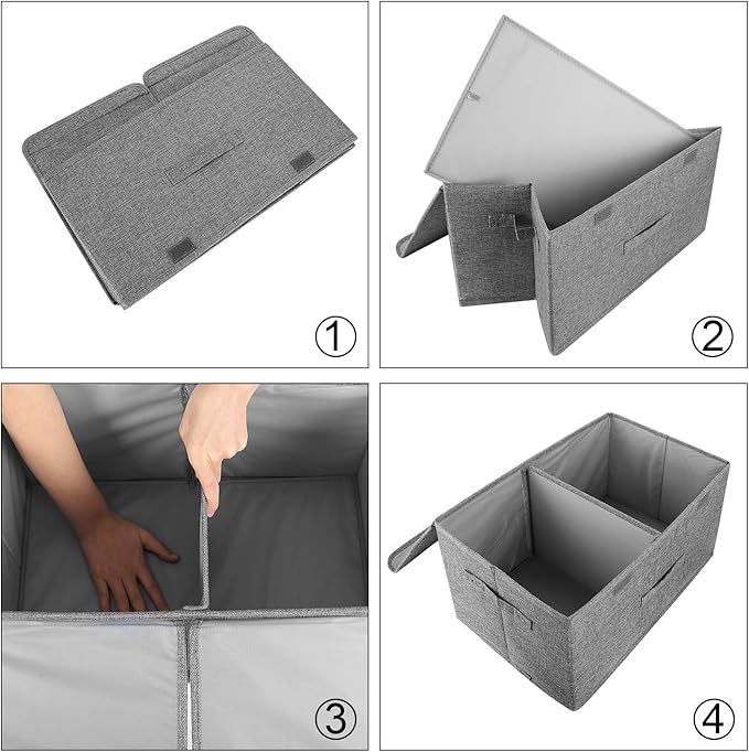 2 Pack Storage Boxes with Lids and Handles, Collapsible Linen Storage Bins Organizer Containers Baskets Cube with Removable Divider for Home Bedroom Closet Office (Khaki, Small)-CubbioJoy