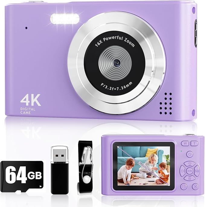 Digital Camera, 44MP Full HD 1080P Point and Shoot Camera with 64GB Card, Anti Shake 16X Zoom Compact Volg Cameras, Portable Small Digicam Gift for Kids, Ages Teen Girl Boy - Purple-CubbioJoy