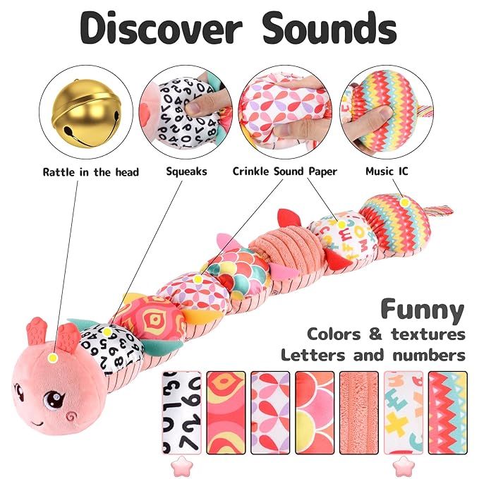 Infant Baby Musical Stuffed Animal Activity Soft Toys with Multi-Sensory Crinkle, Rattle and Textures for 0-3-6-12 Months Developmental Toys, Caterpillar, Pink-CubbioJoy