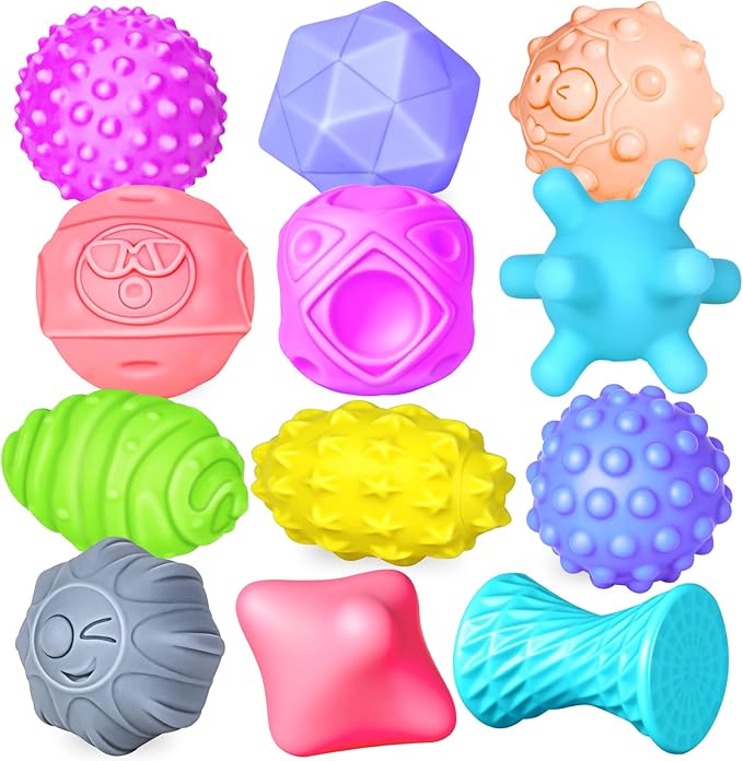 12 Pcs Sensory Balls for Toddlers, Sensory Baby Toys, Montessori Toy for Babies Squeeze, Infant Toys Soft Multi Ball Set Gifts with Bright Color Textured-CubbioJoy