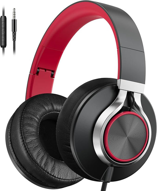 AILIHEN Wired Headphones with Microphone, Over-Ear Foldable Corded Head Phones with Volume Control 3.5mm Jack for Teens Adult Smartphones Chromebook (Red)-CubbioJoy