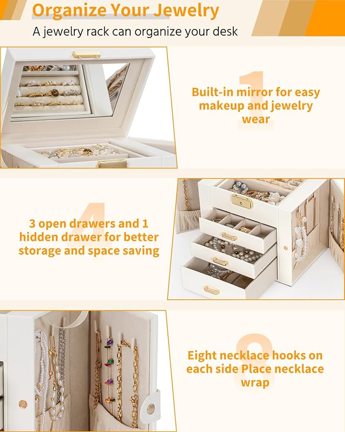 AKOZLIN 4-Tier Jewelry Box Leather Jewelry Storage Organizer with 3 Drawers Lockable for Women Girls Ring Necklace Earring Bracelet Holder with Mirror White-CubbioJoy