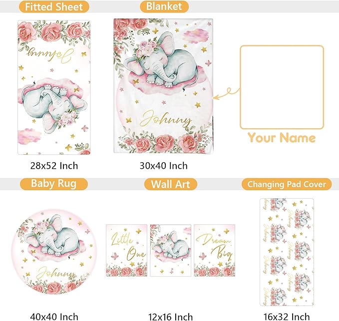 Custom Baby Crib Bedding Set, 5 Pcs Personalized Name Baby Crib Sets for Infant Toddler, Floral Elephant Nursery Bedding Set for Baby Girls, Double Layer Baby Bedding Sets Customized Gifts-CubbioJoy