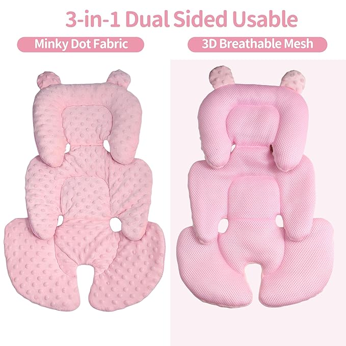 3in1 Reversible Carseat Head Body Support Newborn,3D Minnky Infant Car Seat Insert,Extra Soft Breathable Baby Car Seat Pillow Cushion Boys Girls,fit Stroller,Bouncer,Swing(Pink)-CubbioJoy