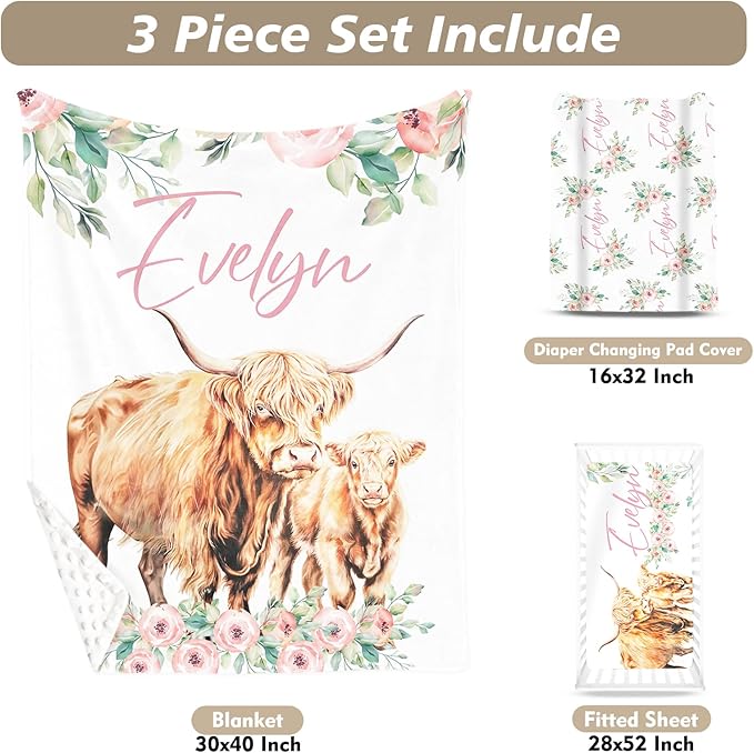 Custom Name Crib Bedding Set - Highland Cow Design, Personalized Floral Nursery Bedding 3-Piece Set– Soft Blanket, Fitted Sheet, Changing Pad Cover – for Newborns Girls Nursery Gifts-CubbioJoy