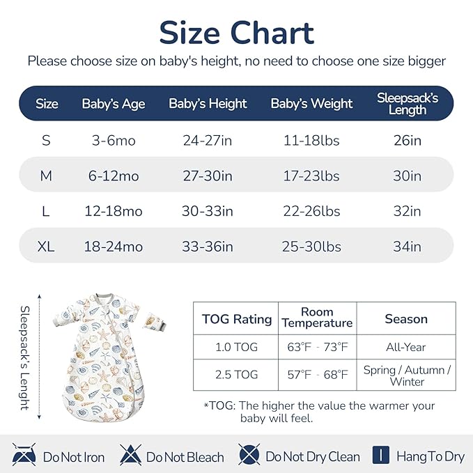 Baby Sleep Sack 3-6 Months, Cotton Detachable Long Sleeve Sleep Sack, 2.5 Tog Toddler Sleeping Sack with Temperature Strips, 2-Way Zipper Wearable Blankets for Newborns, Ocean-CubbioJoy