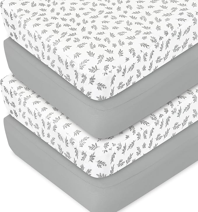 Crib Sheets 4 Pack for Baby Boys & Girls, Neutral Crib Sheet Fitted 52'' x 28'' for Standard Crib & Toddler Mattress, Ultra Soft Material Baby Sheet, Grey Leaf-CubbioJoy