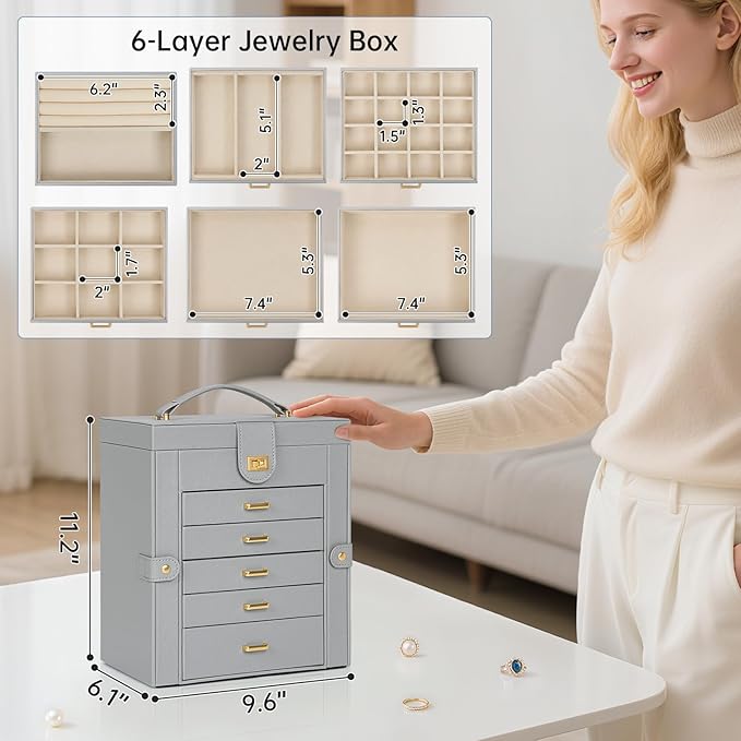 AKOZLIN 6-Tier Jewelry Box Organizer Functional 5 Drawers Leather Jewelry Storage Case for Women Girls Ring Necklace Earring Bracelet Holder Organizer with Mirror Grey-CubbioJoy